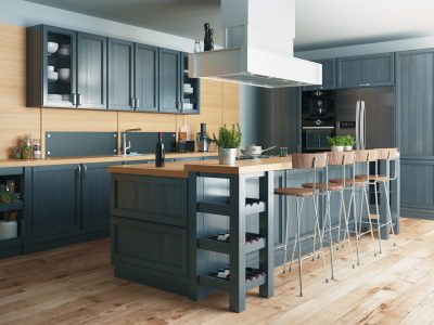 Interior of modern kitchen in luxury mansion, 3d rendering