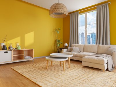 Cozy Living Room with Yellow Walls. 3D Render